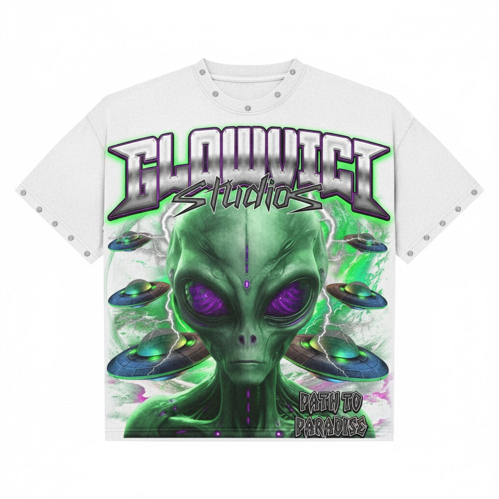 Glowvici Studios Path to Paradise Alien Oversized Tee – Futuristic Streetwear 2025