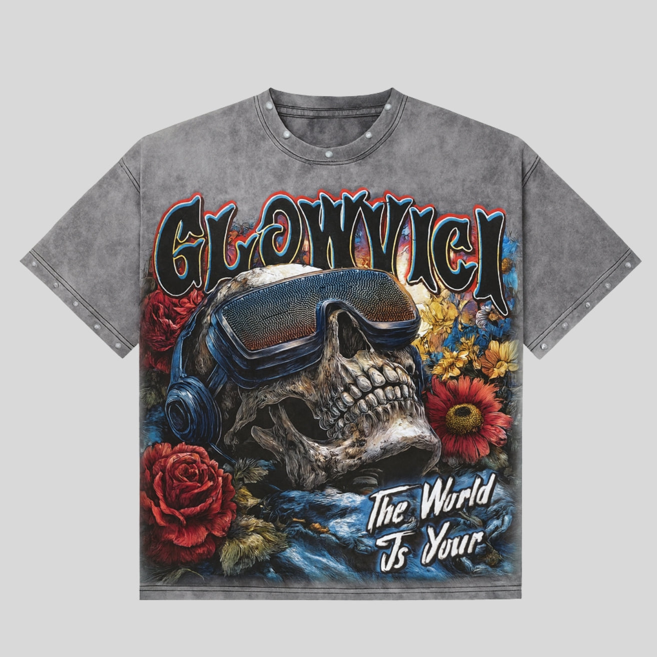 Glowvici Luxury Streetwear – Futuristic Skull Graphic Oversized Tee