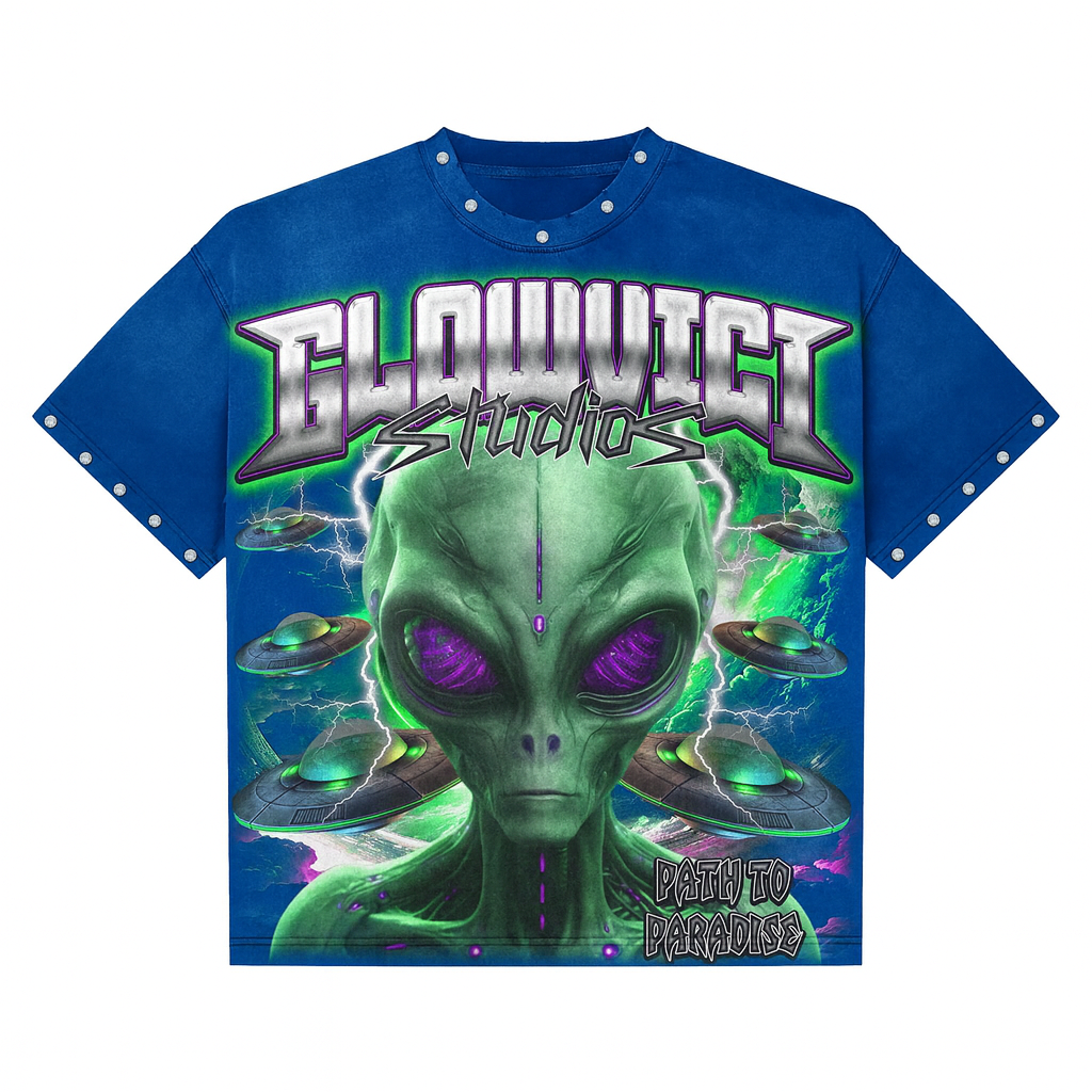 Glowvici Studios Path to Paradise Alien Oversized Tee – Futuristic Streetwear 2025