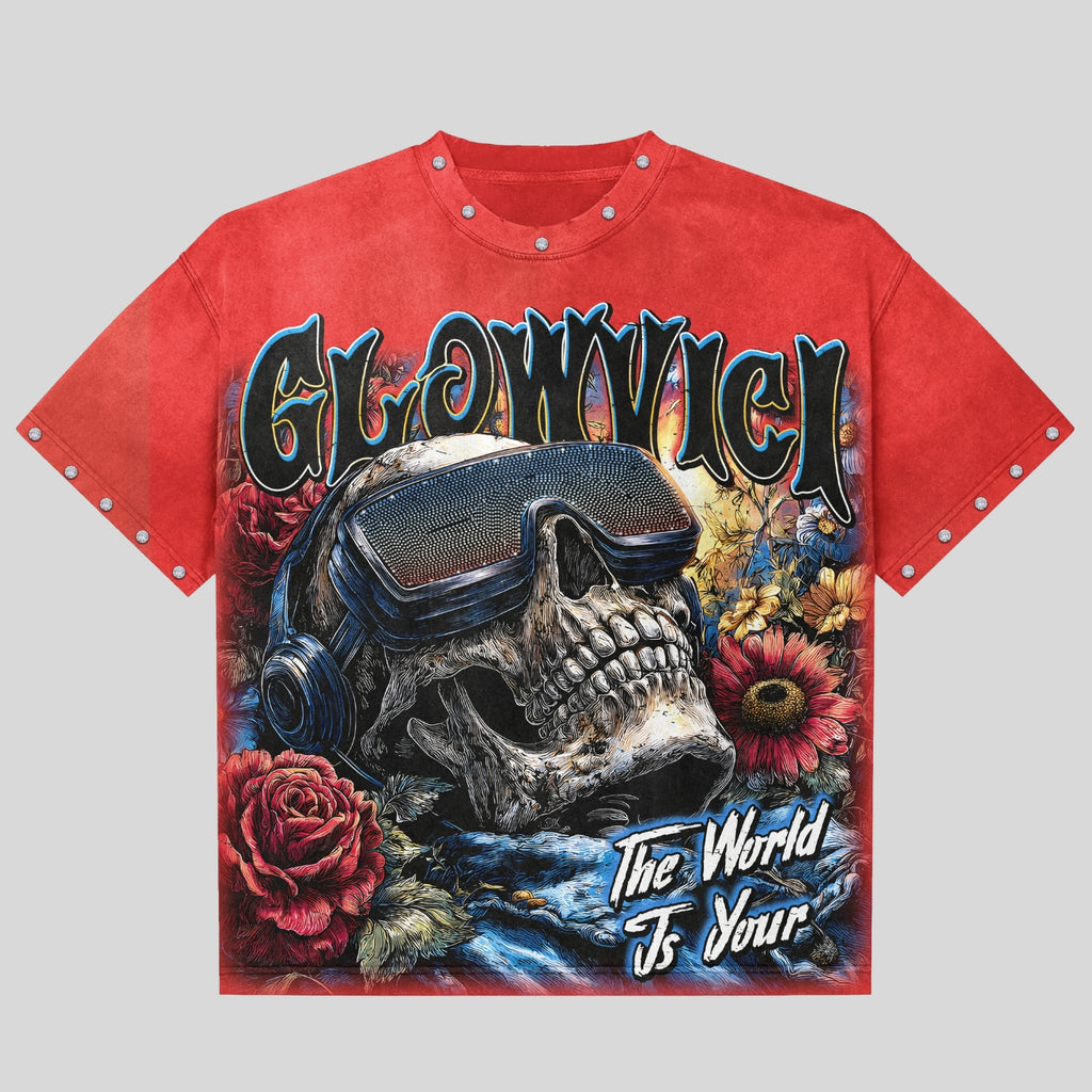 Glowvici Luxury Streetwear – Futuristic Skull Graphic Oversized Tee