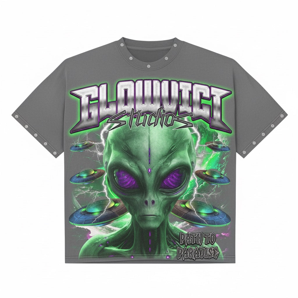 Glowvici Studios Path to Paradise Alien Oversized Tee – Futuristic Streetwear 2025