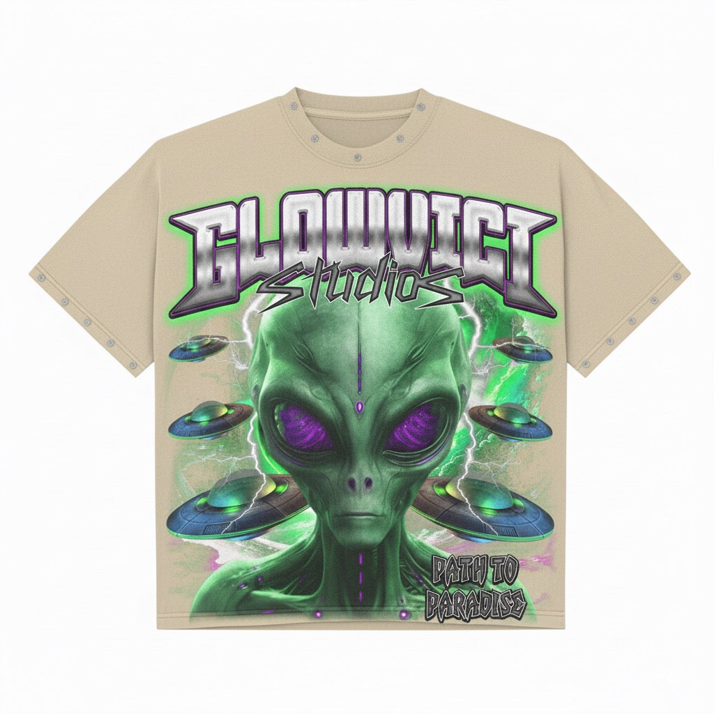 Glowvici Studios Path to Paradise Alien Oversized Tee – Futuristic Streetwear 2025