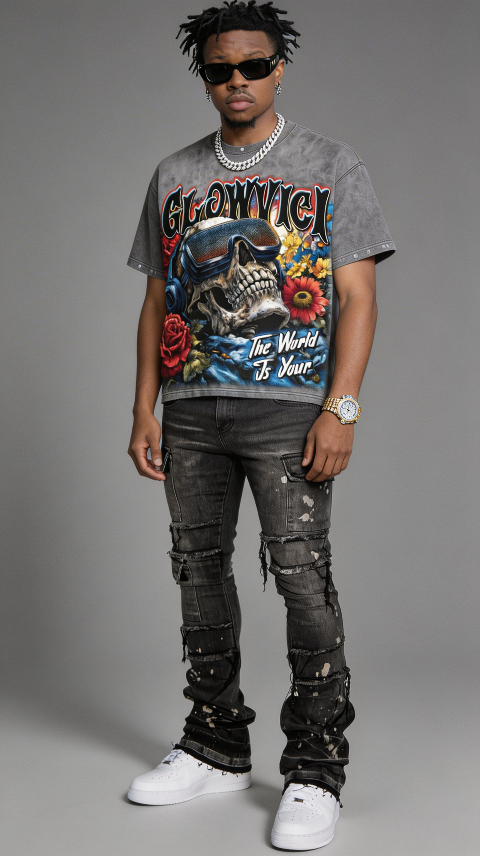 Glowvici Luxury Streetwear – Futuristic Skull Graphic Oversized Tee